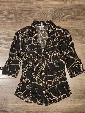 ❤ CACHE VINTAGE Y2K TOP, BLACK GOLD CHAIN PRINT, XS